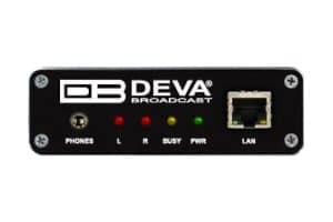 DEVA Broadcast audio device with headphone jack, LAN port, and LED indicators for left and right audio channels, power, and connection status.